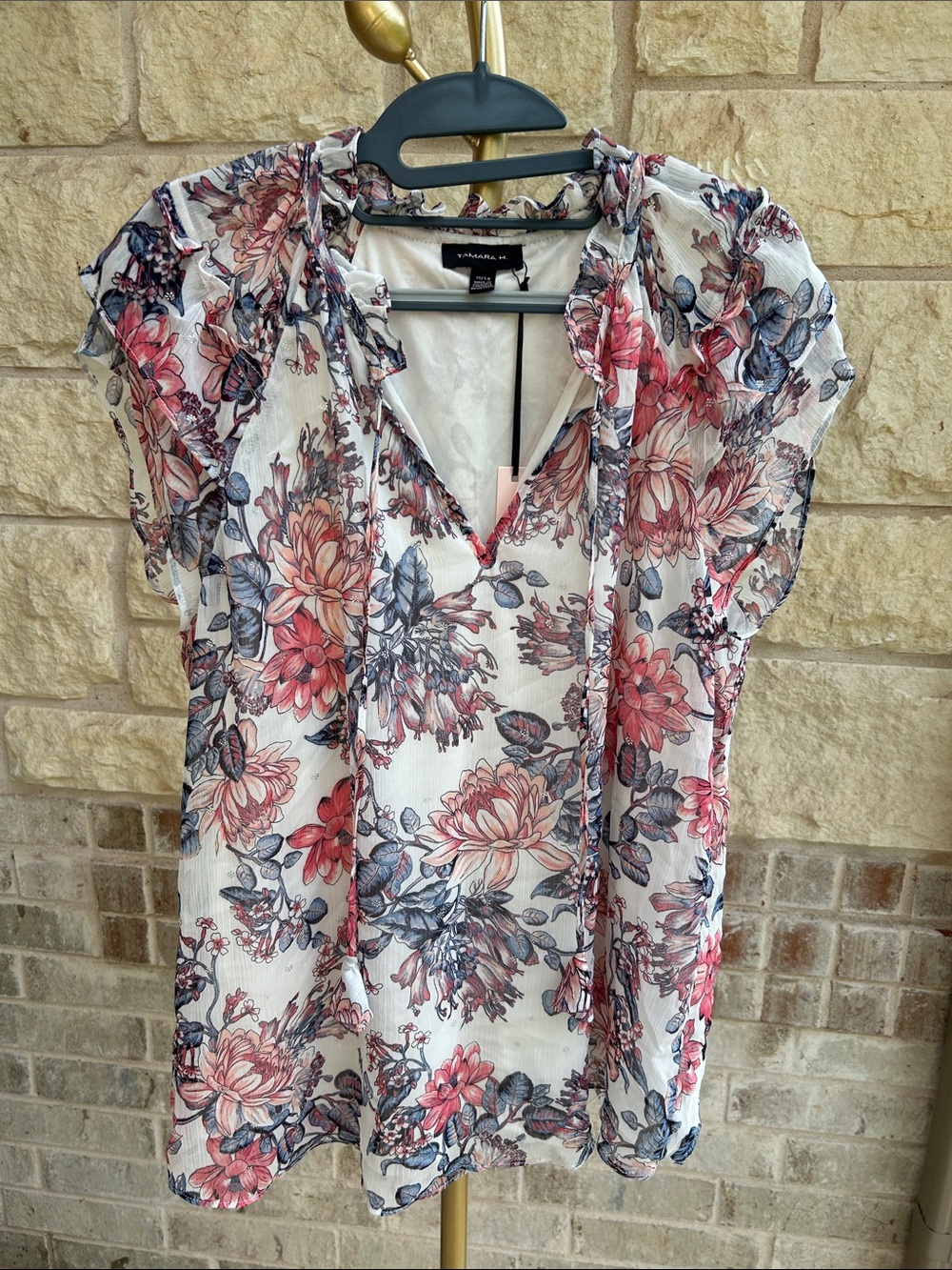 NWT Tamara H Floral Lined Ruffle Sleeve Blouse Size: XL
